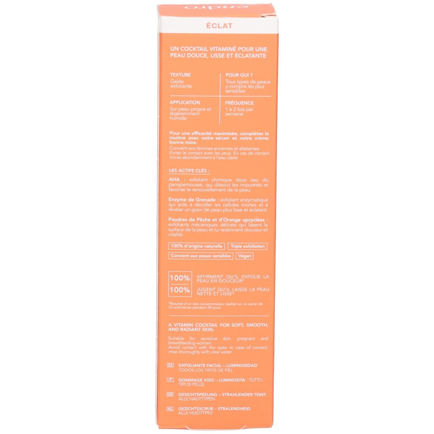 Endro Gommage Visage Eclat Box Rückseite: Informationen zu Textur, Anwendung, Frequenz, Wirkstoffen.