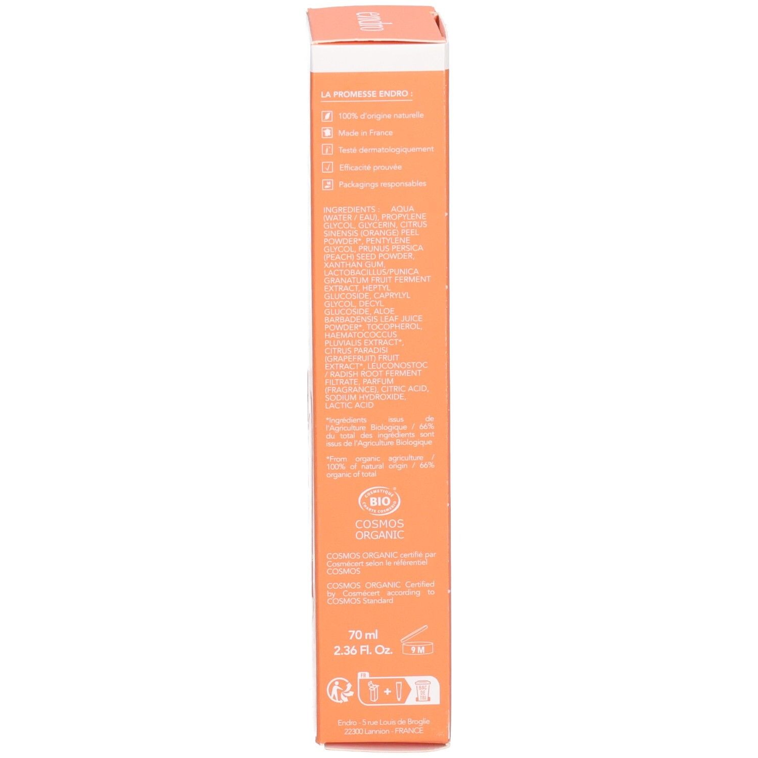 Endro Gommage Visage Eclat Box Seite: Inhaltsstoffe, Bio-Cosmos Organic Zertifizierung, 70ml.