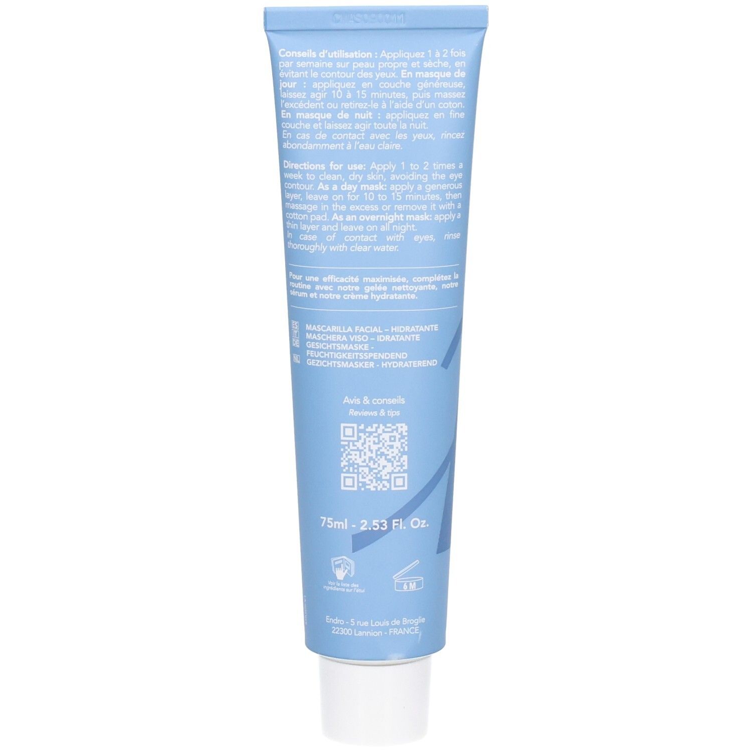 Rückseite der Endro Feuchtigkeitsspendenden Creme Maske Tube mit Anwendungshinweisen und Inhaltsstoffen.