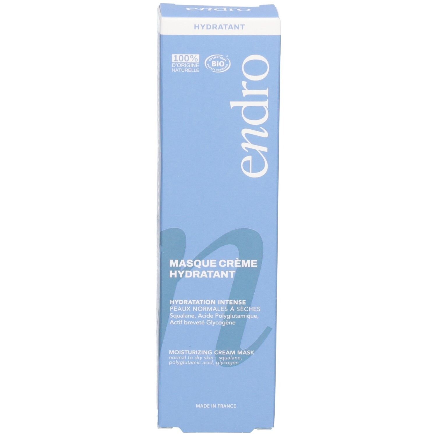 Verpackung der Endro Feuchtigkeitsspendenden Creme Maske. 100% natürliche Inhaltsstoffe, Bio-zertifiziert.