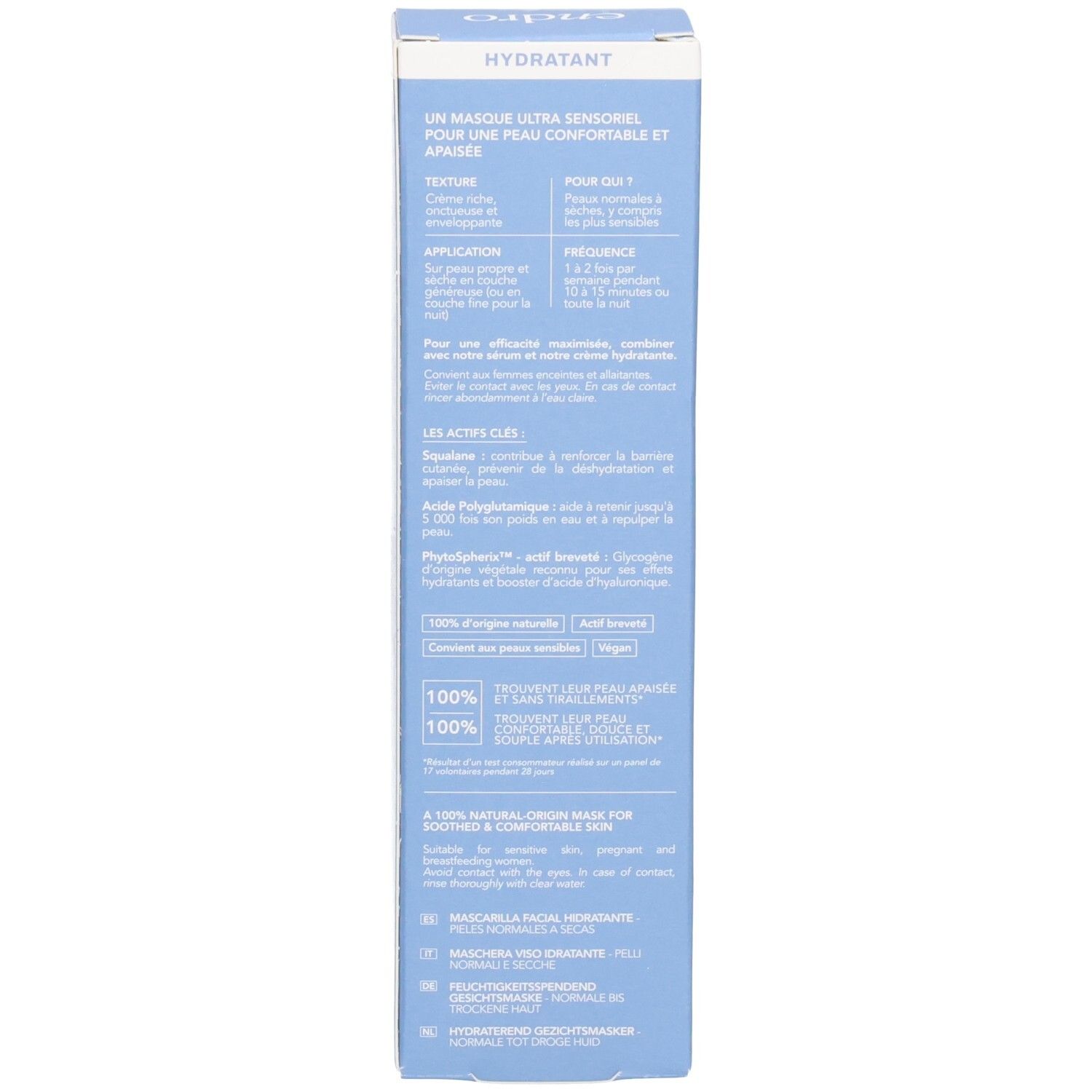 Rückseite der Endro Creme Maske Verpackung mit Anwendungshinweisen und Inhaltsstoffen.