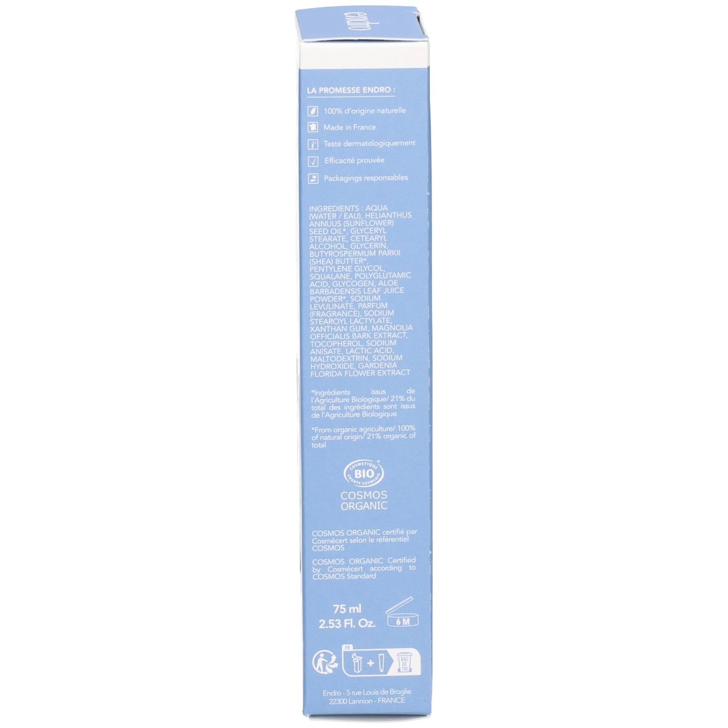 Seite der Endro Creme Maske Verpackung mit Inhaltsstoffen, Zertifizierungen und Größe.