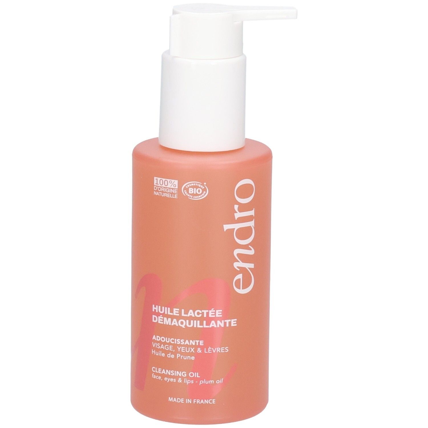 Endro Milchiges Reinigungsöl. Rückseite mit detaillierten Inhaltsstoffen und COSMOS ORGANIC Siegel.