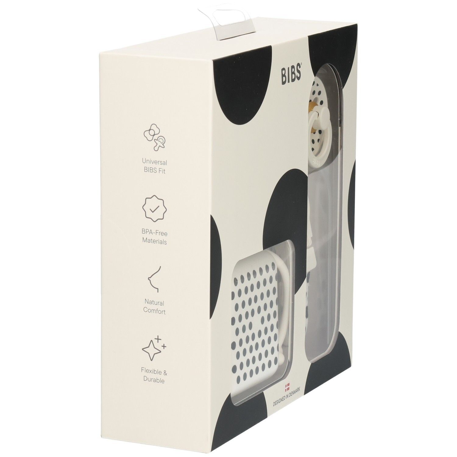 Geschenkset-Verpackung mit Schnuller, Schnullerbox und Schnullerband. Text: BPA-freie Materialien, Natural Comfort.