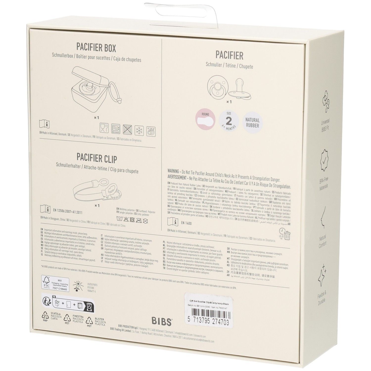 Rückseite der Geschenkset-Verpackung. Text: Schnullerbox, Schnuller, Schnullerband. Warnhinweise und Informationen.