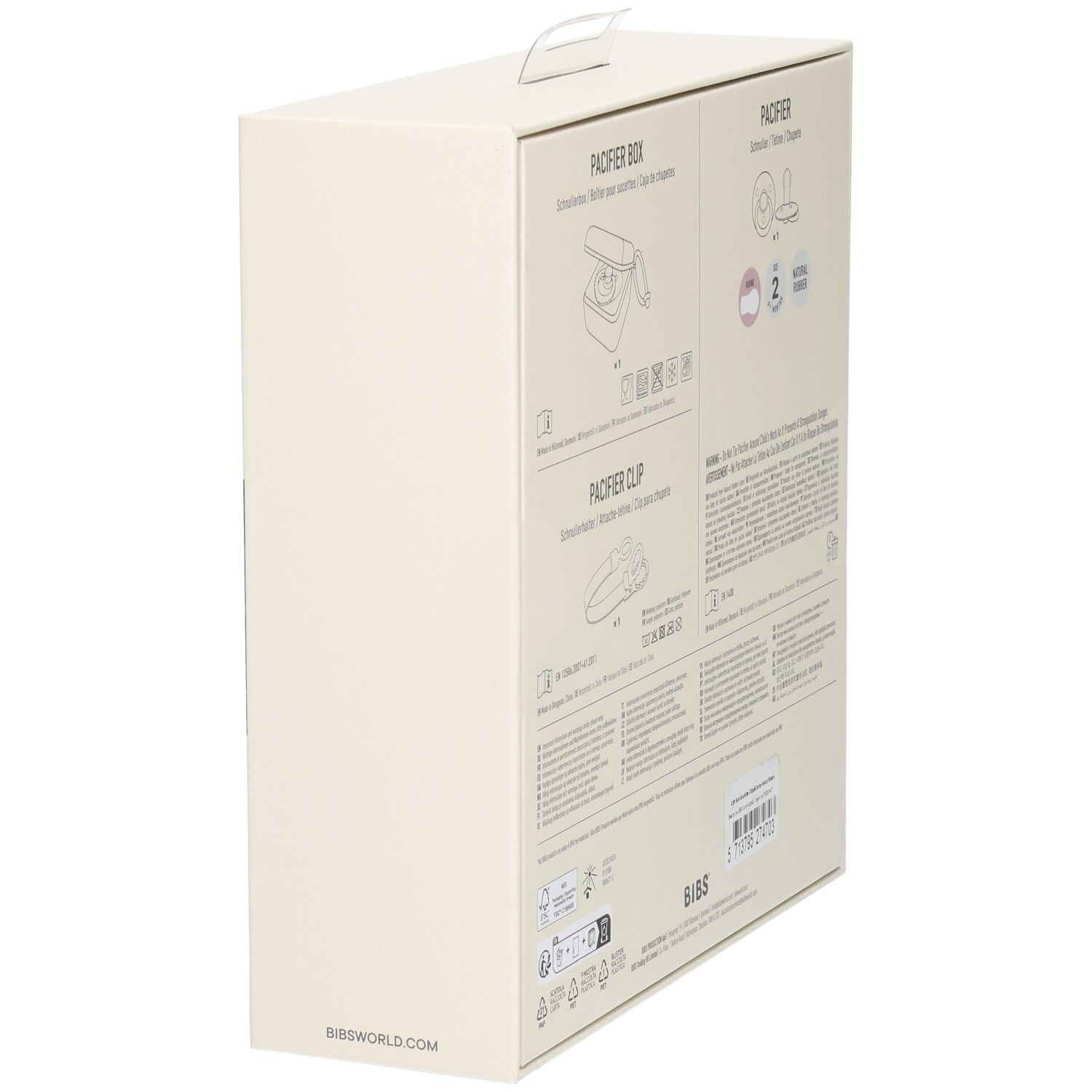 Seitenansicht der Geschenkset-Verpackung. Text: Schnullerbox, Schnuller, Schnullerband. Warnhinweise und Informationen.