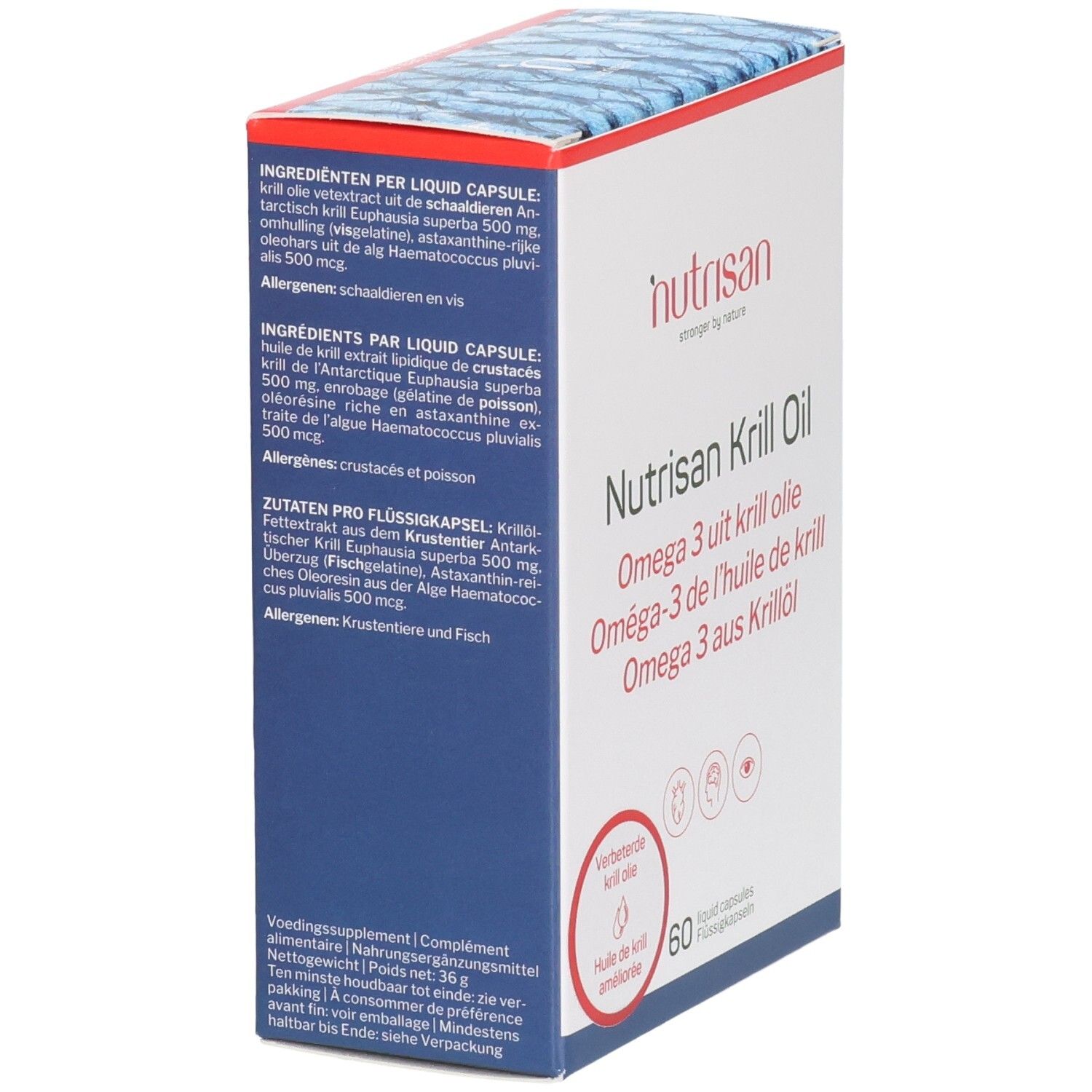 Nutrisan Krill Oil Verpackung, Rückseite mit Zutatenliste und Allergeninformationen.