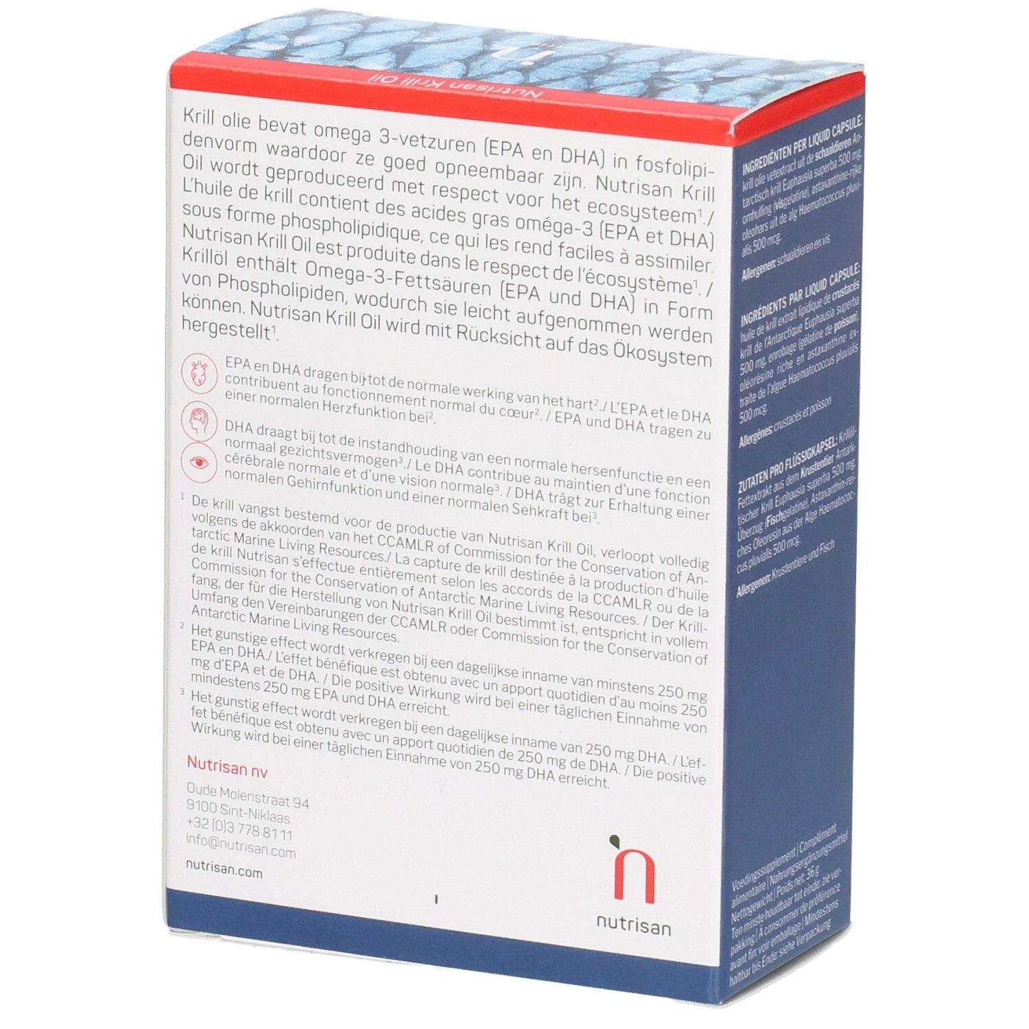 Nutrisan Krill Oil Verpackung, Rückseite mit Produktinformationen und Herstellernachweis.