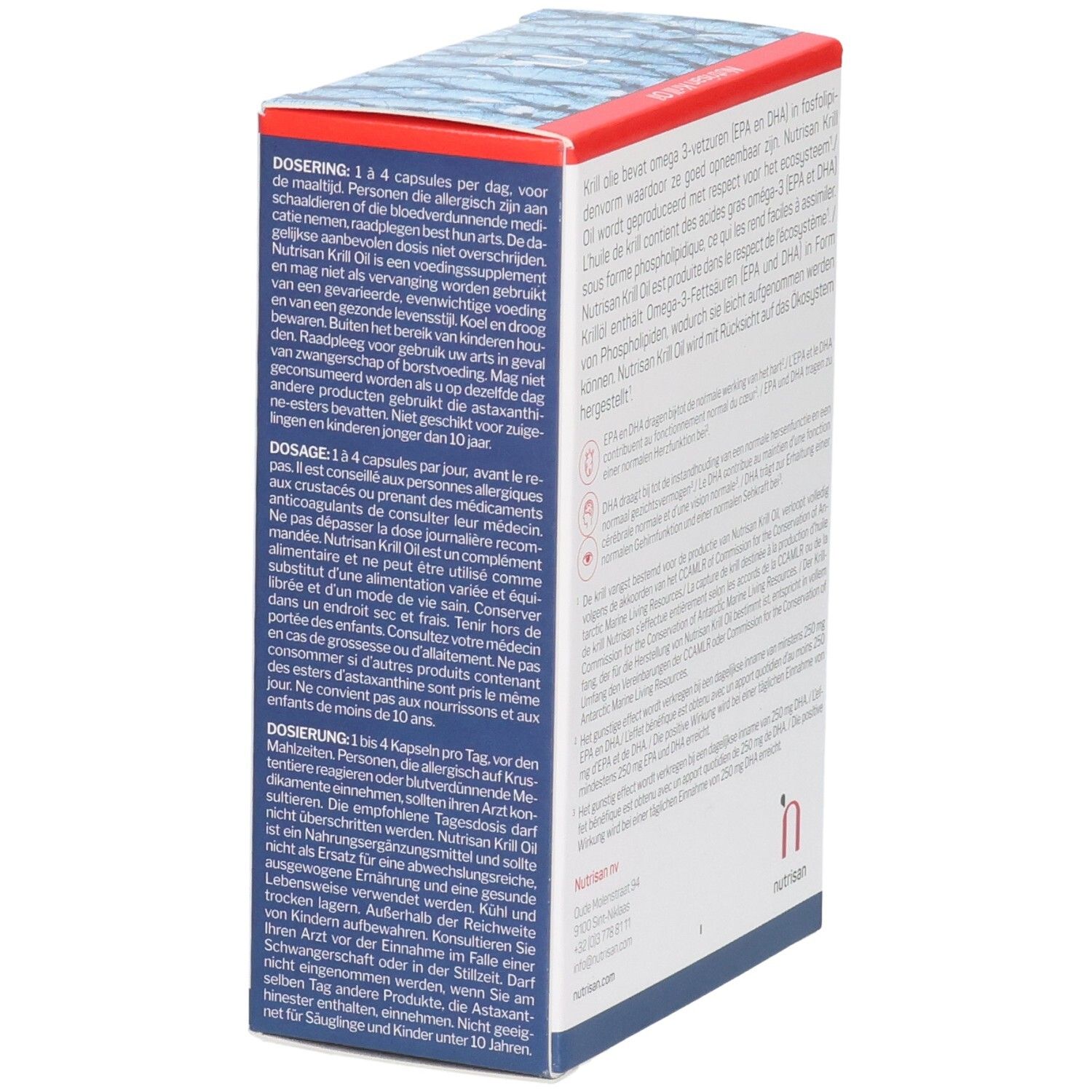 Nutrisan Krill Oil Verpackung, Seite mit Dosierungsanleitung und Warnhinweisen.