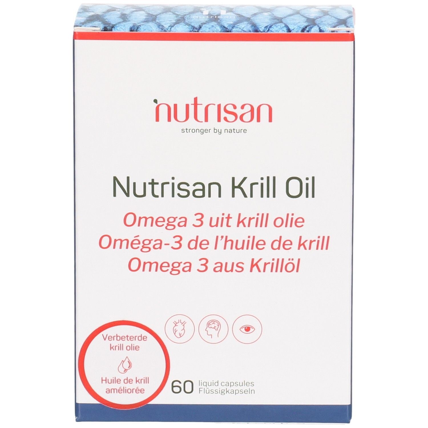 Nutrisan Krill Oil Verpackung mit 60 Flüssigkapseln und Omega-3-Hinweis.