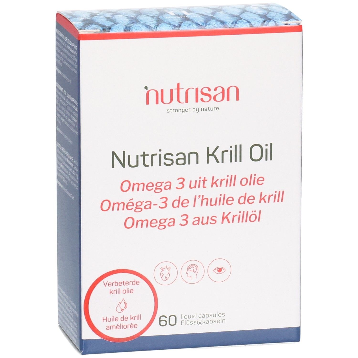Nutrisan Krill Oil Verpackung mit 60 Flüssigkapseln und Omega-3-Hinweis.