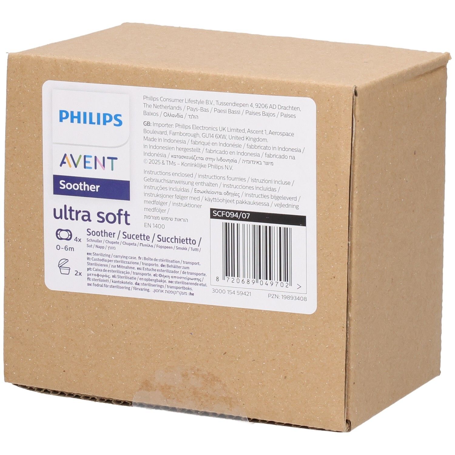 Kartonverpackung mit Produktinformationen. Aufschrift: Philips AVENT Soother ultra soft 0-6m. Barcode und weitere Texte.