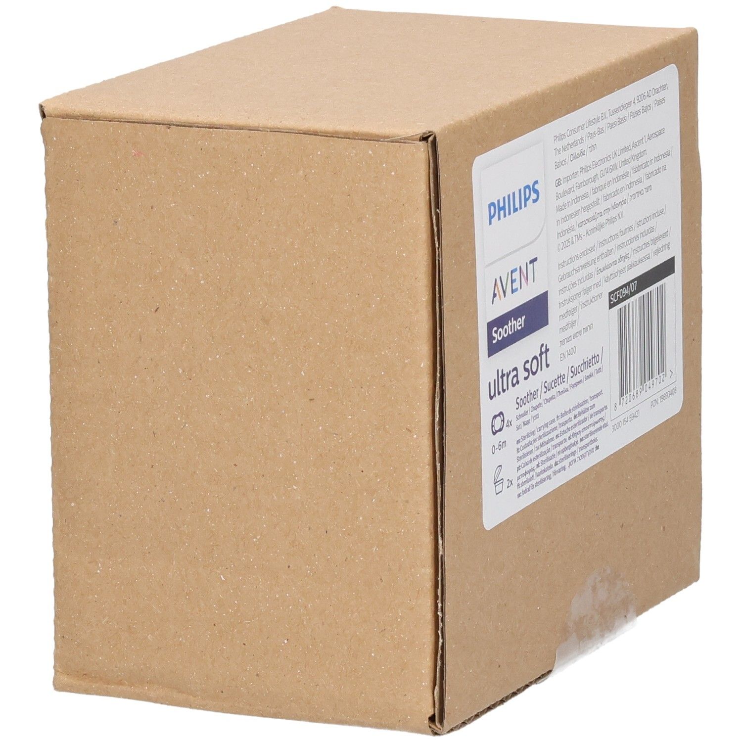 Kartonverpackung. Aufschrift: Philips AVENT Soother ultra soft 0-6m. Barcode und weitere Texte.