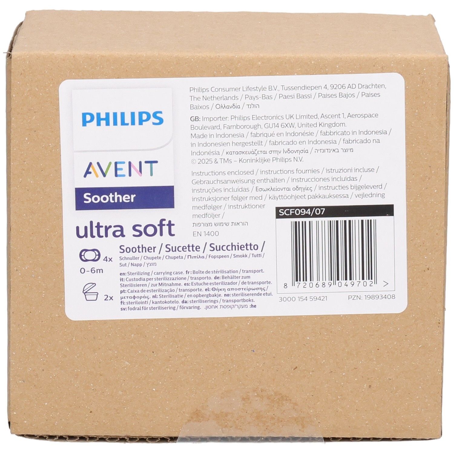 Kartonverpackung mit Produktinformationen. Aufschrift: Philips AVENT Soother ultra soft 0-6m. Barcode und weitere Texte.