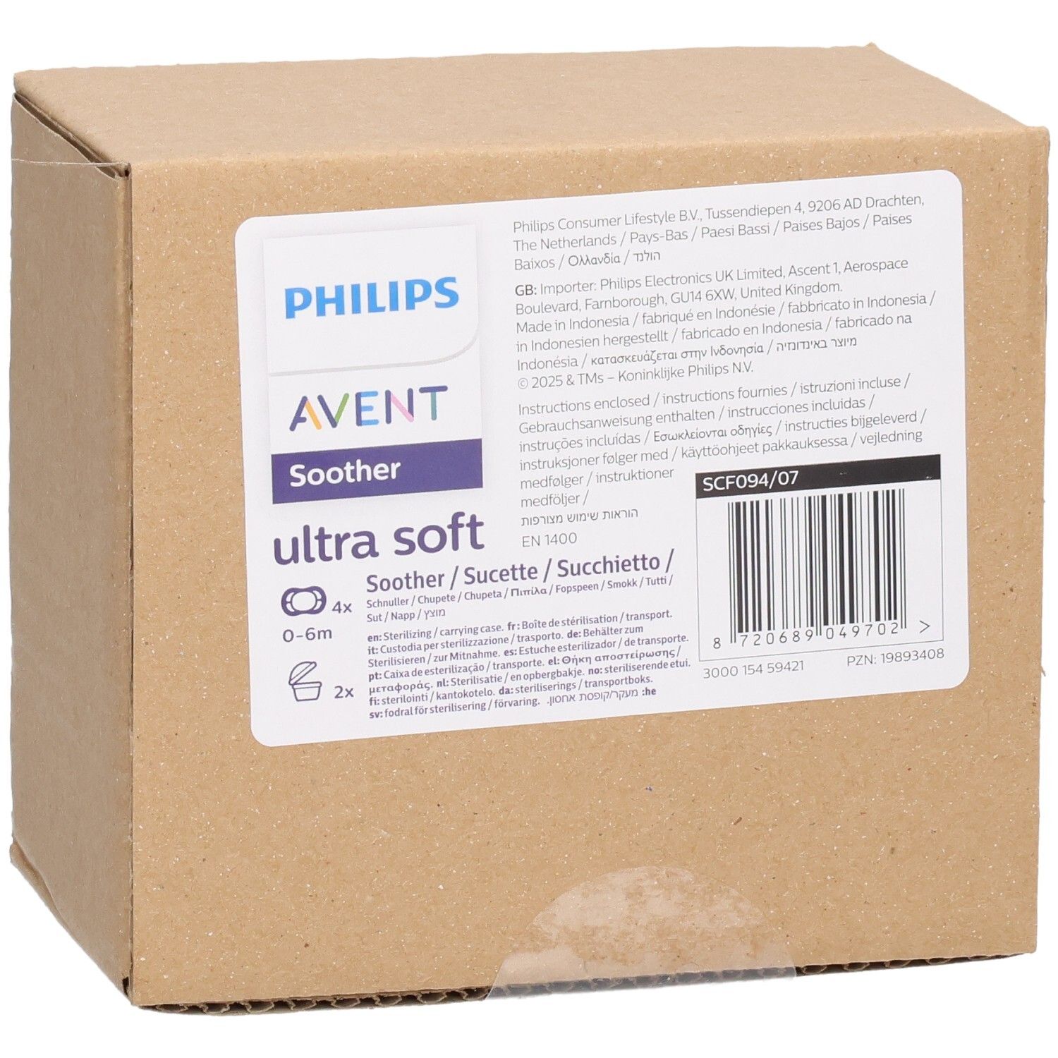 Kartonverpackung mit Produktinformationen. Aufschrift: Philips AVENT Soother ultra soft 0-6m. Barcode und weitere Texte.