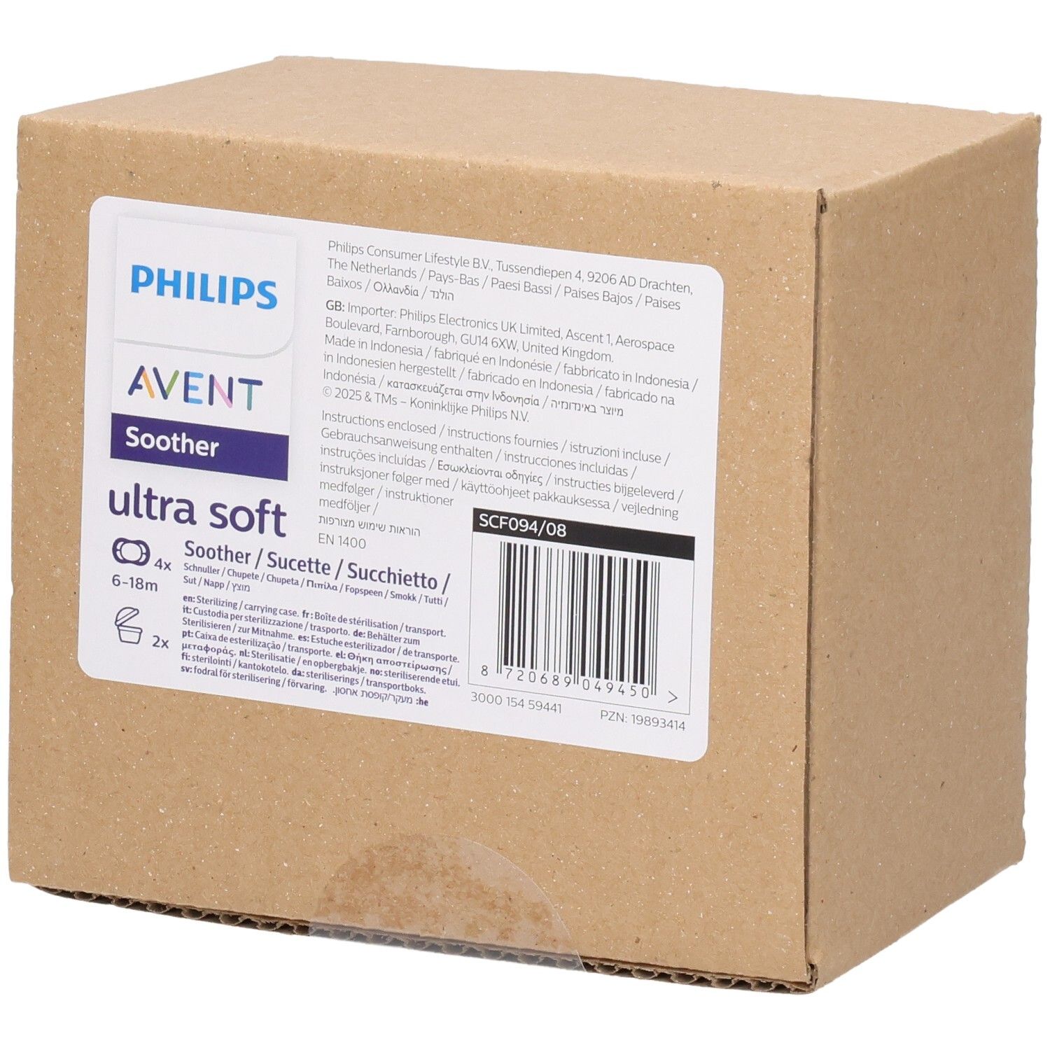 Kartonverpackung für Philips AVENT Schnuller. Aufdrucke: Marke, Produktname, Altersempfehlung, Inhaltsangaben und Barcode.