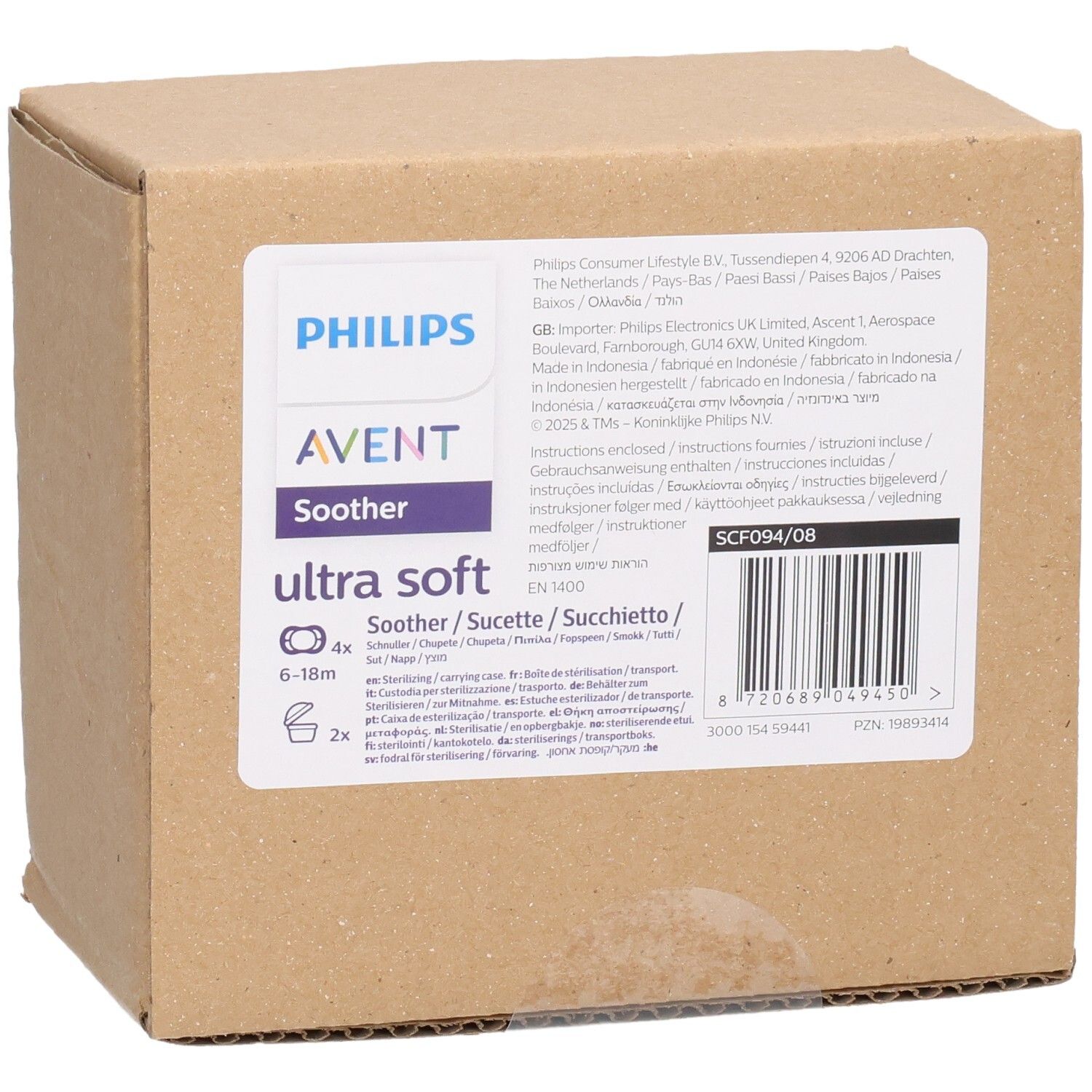 Kartonverpackung für Philips AVENT Schnuller. Aufdrucke: Marke, Produktname, Altersempfehlung, Inhaltsangaben und Barcode.
