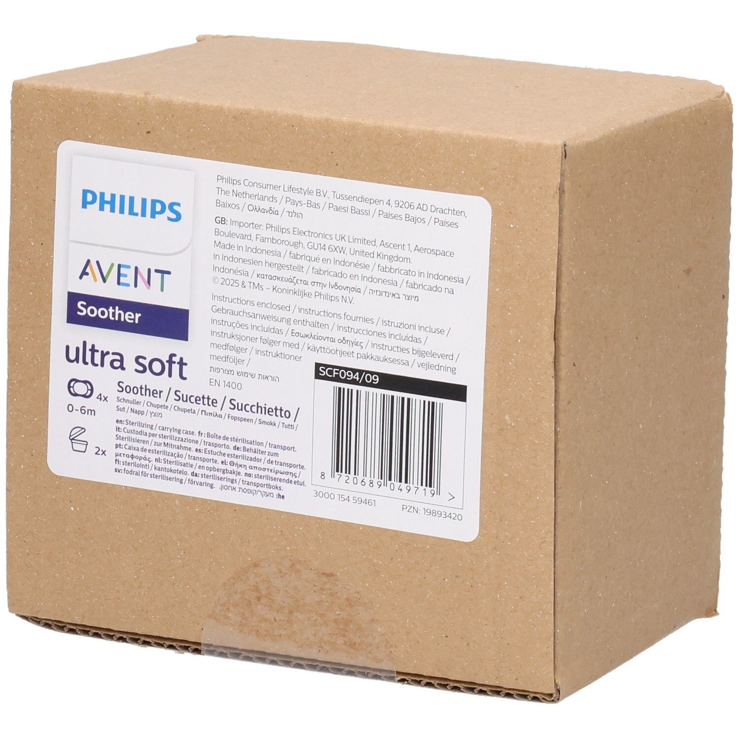 Kartonverpackung. Aufdruck mit Produktnamen, Marke Philips AVENT, und Produktinformationen. Barcode und weitere Textinformationen.