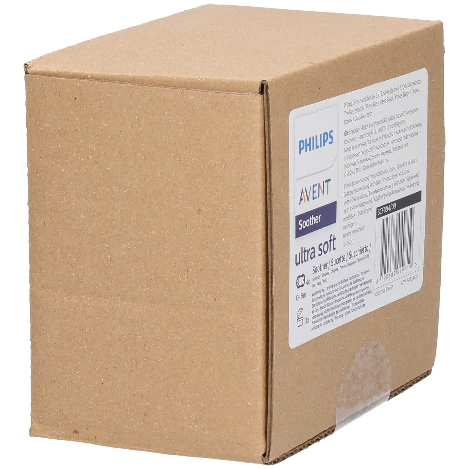 Kartonverpackung. Aufdruck mit Produktnamen, Marke Philips AVENT, und Produktinformationen. Barcode und weitere Textinformationen.