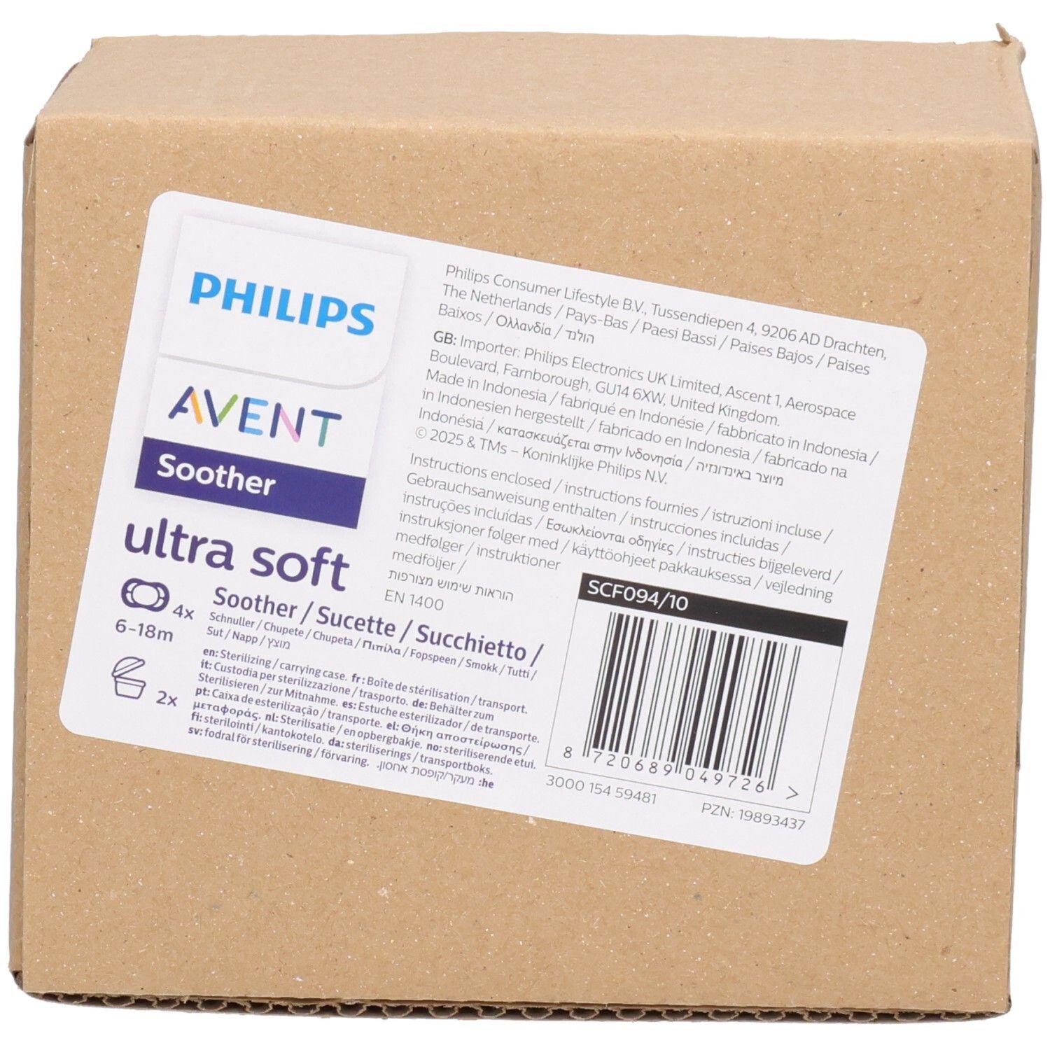 Kartonverpackung mit Produktetikett. Text: Philips AVENT, Soother, ultra soft, 4 Stück, 6-18m. Barcode und Herstellerinformationen.