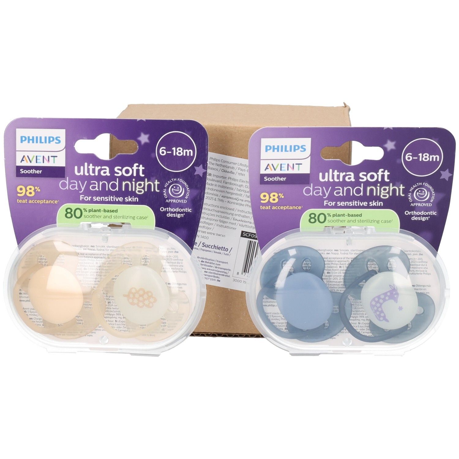 Zwei Packungen Schnuller in Kunststoffverpackung. Text: Philips AVENT, ultra soft, day and night, 6-18m. Orthodontisches Design.