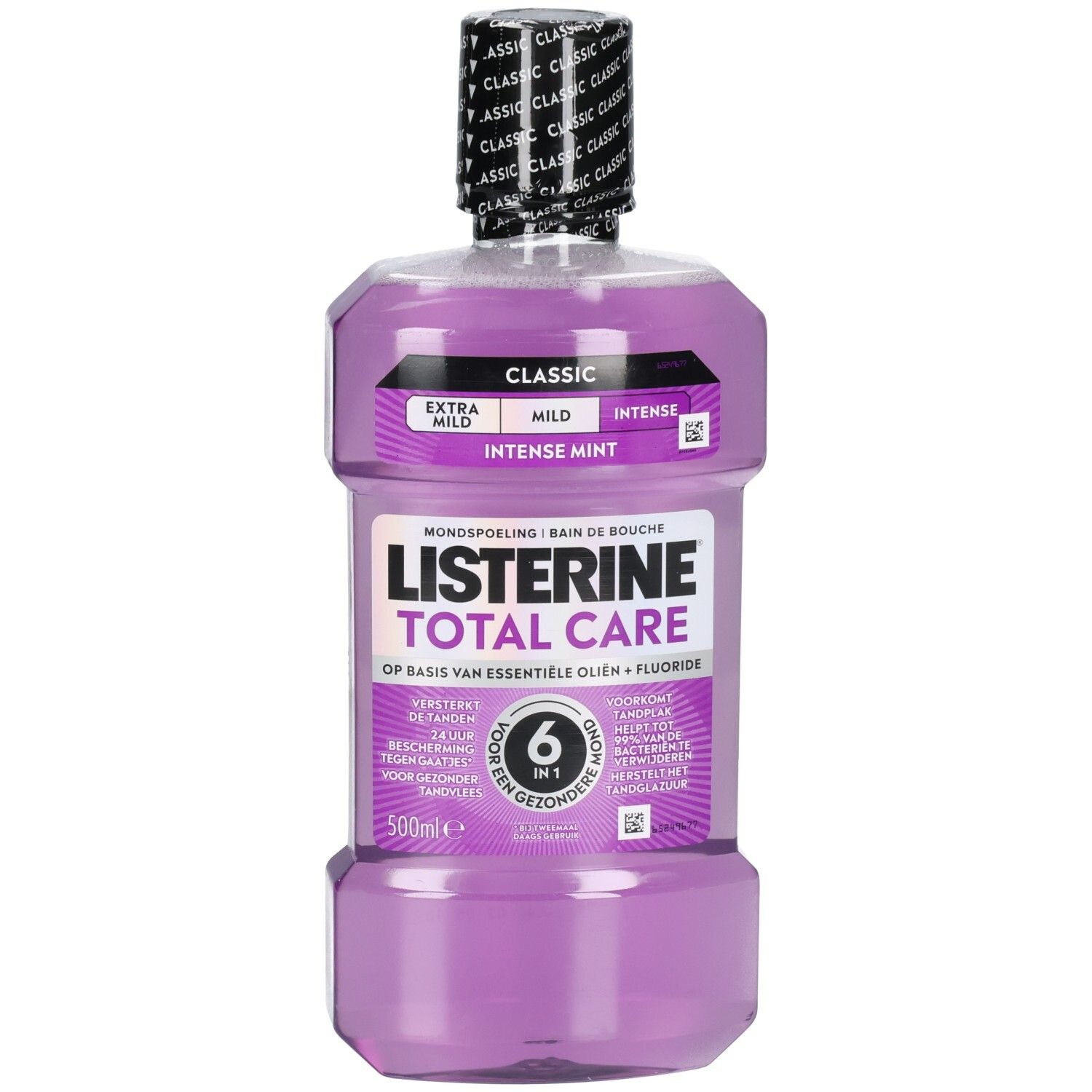 Listerine Total Care Intense Mint Mundspülung in 500ml Flasche mit lila Flüssigkeit.