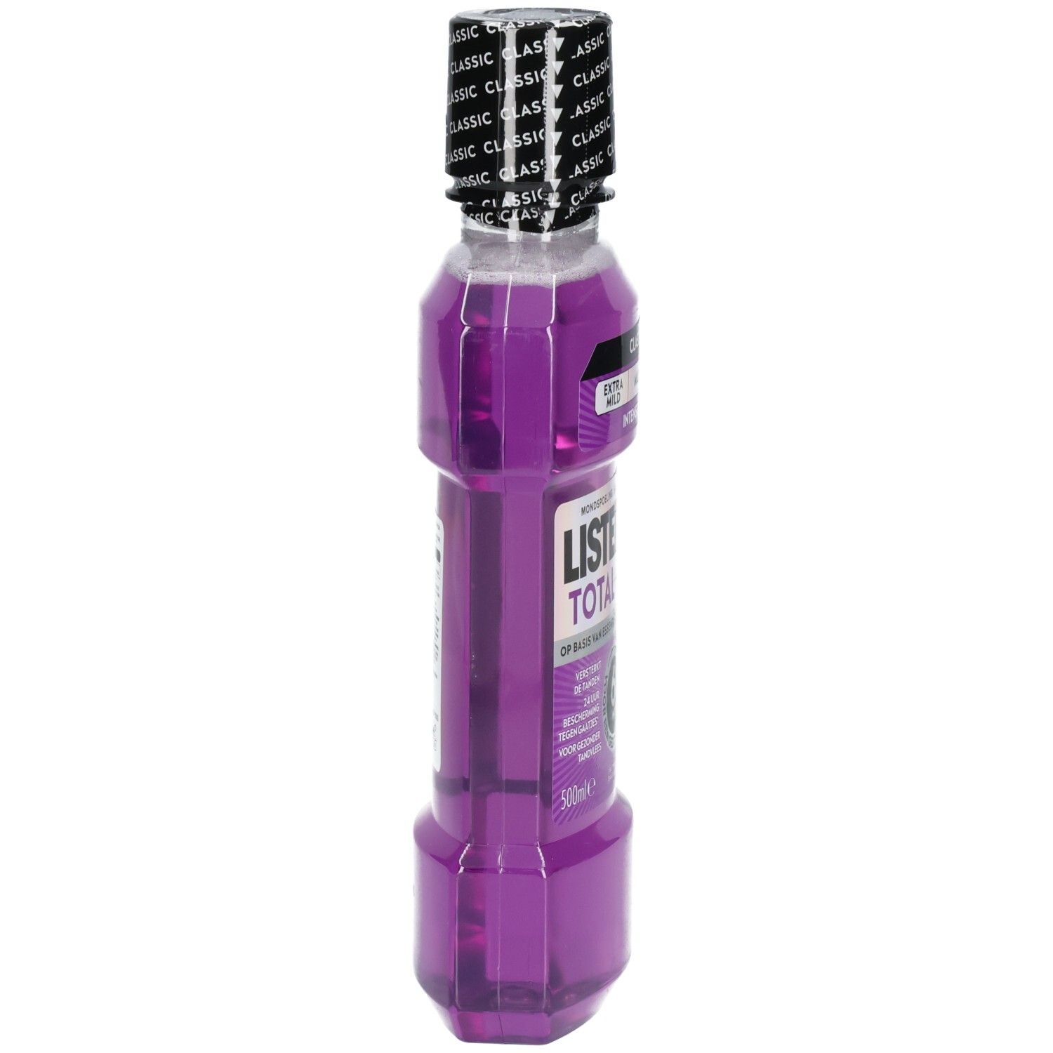 Listerine Total Care Mundspülung in violetter Flüssigkeit in einer durchsichtigen Flasche mit schwarzem Deckel.