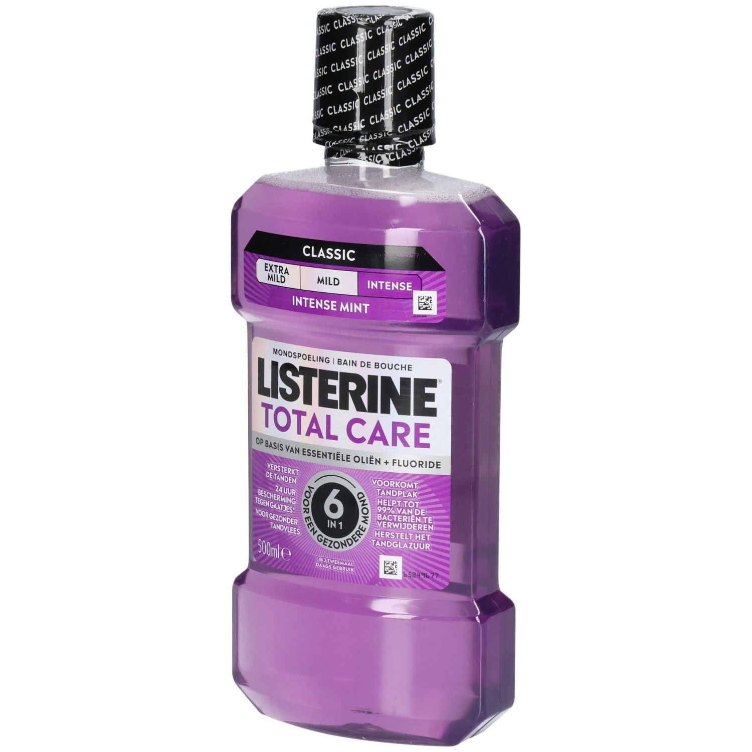 Listerine Total Care Mundspülung in 500ml Flasche mit lila Flüssigkeit. Klassische Variante mit Minzgeschmack.