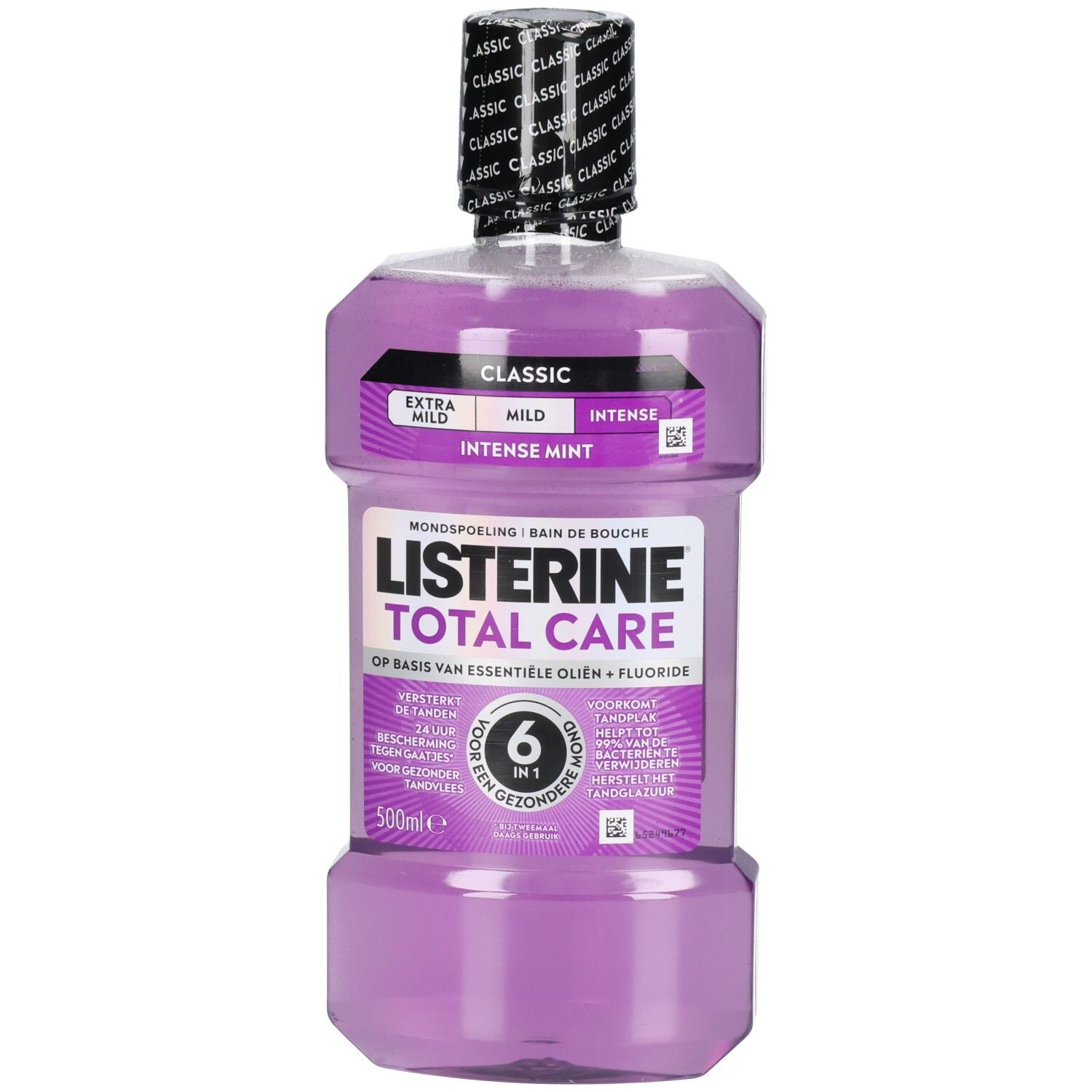 Listerine Total Care Intense Mint Mundspülung in 500ml Flasche. Lila Flüssigkeit.