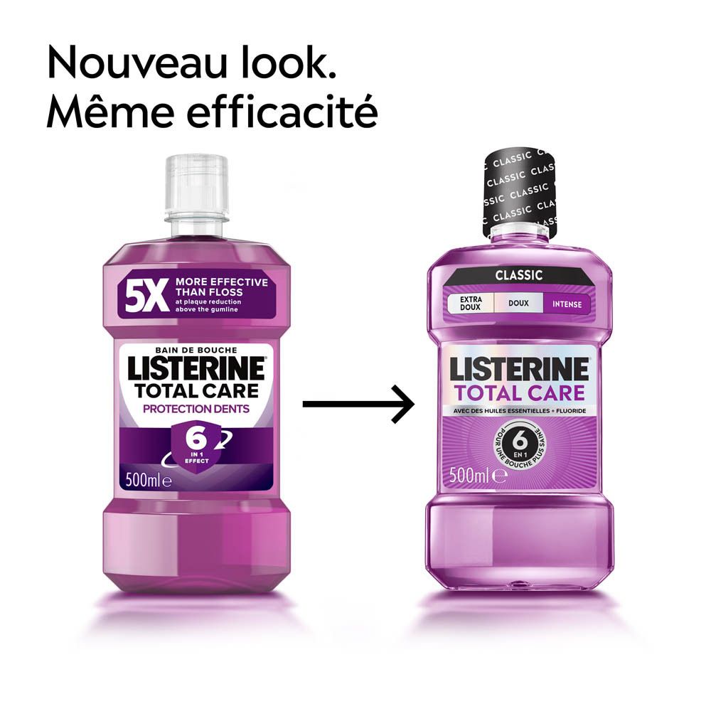 Zwei Flaschen Listerine Total Care Mundspülung, 500ml. Eine Flasche mit älterem Design, die andere mit neuem Design.
