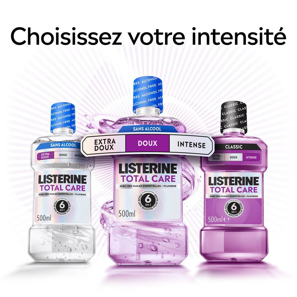 Listerine Total Care Mundspülung, 500ml, klar, alkoholfrei.