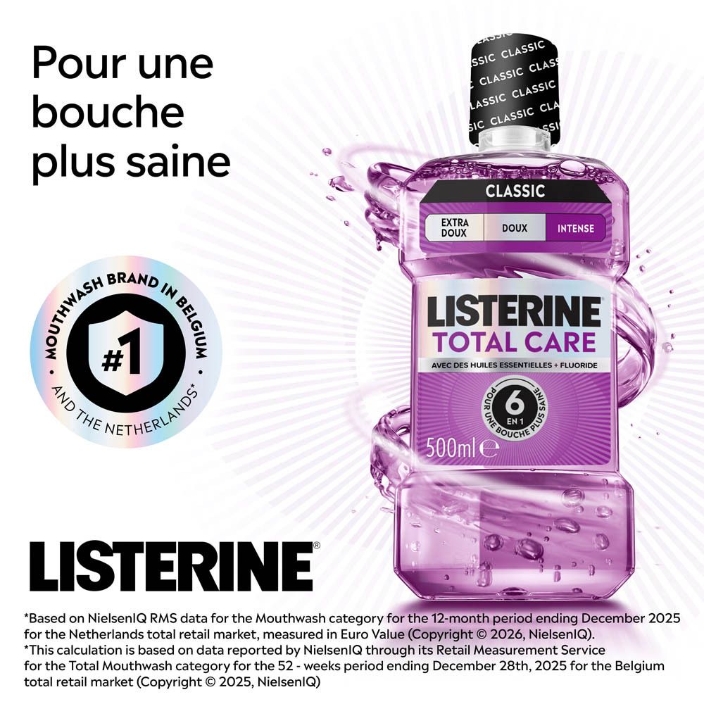 Listerine Total Care Mundwasser, 500ml, in lila Farbe. "Mouthwash Brand in Belgium and the Netherlands #1" Siegel.