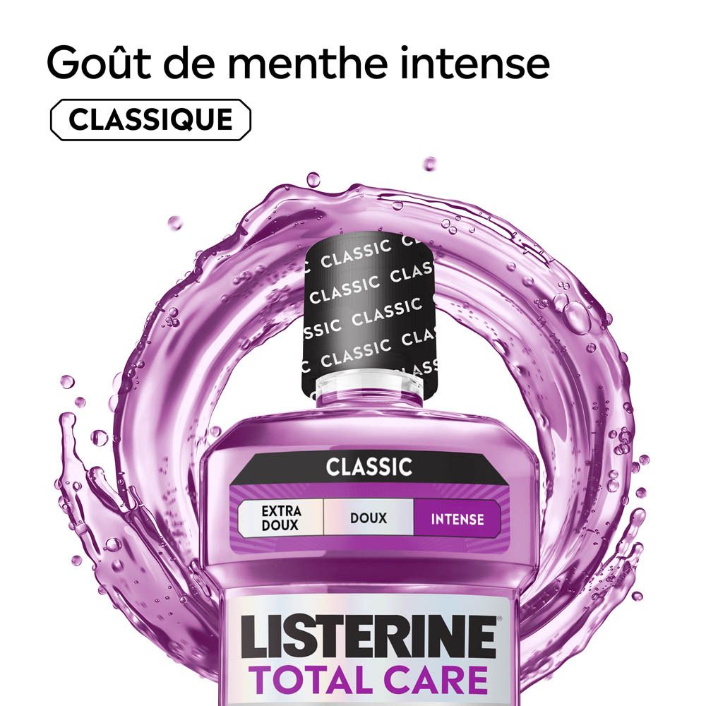 Listerine Total Care Classic Mundspülung in lila Flasche mit Spritzern.