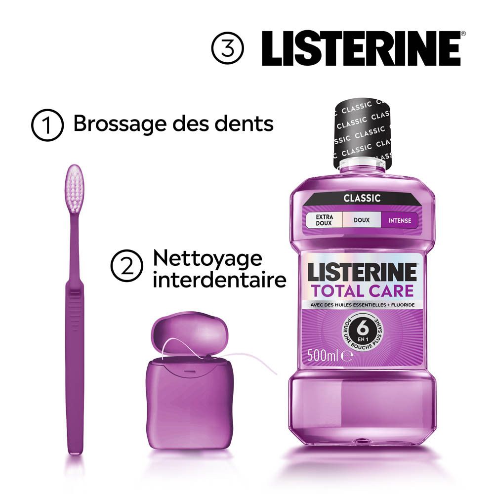 Listerine Total Care Mundspülung, Zahnbürste und Zahnseide in Lila.