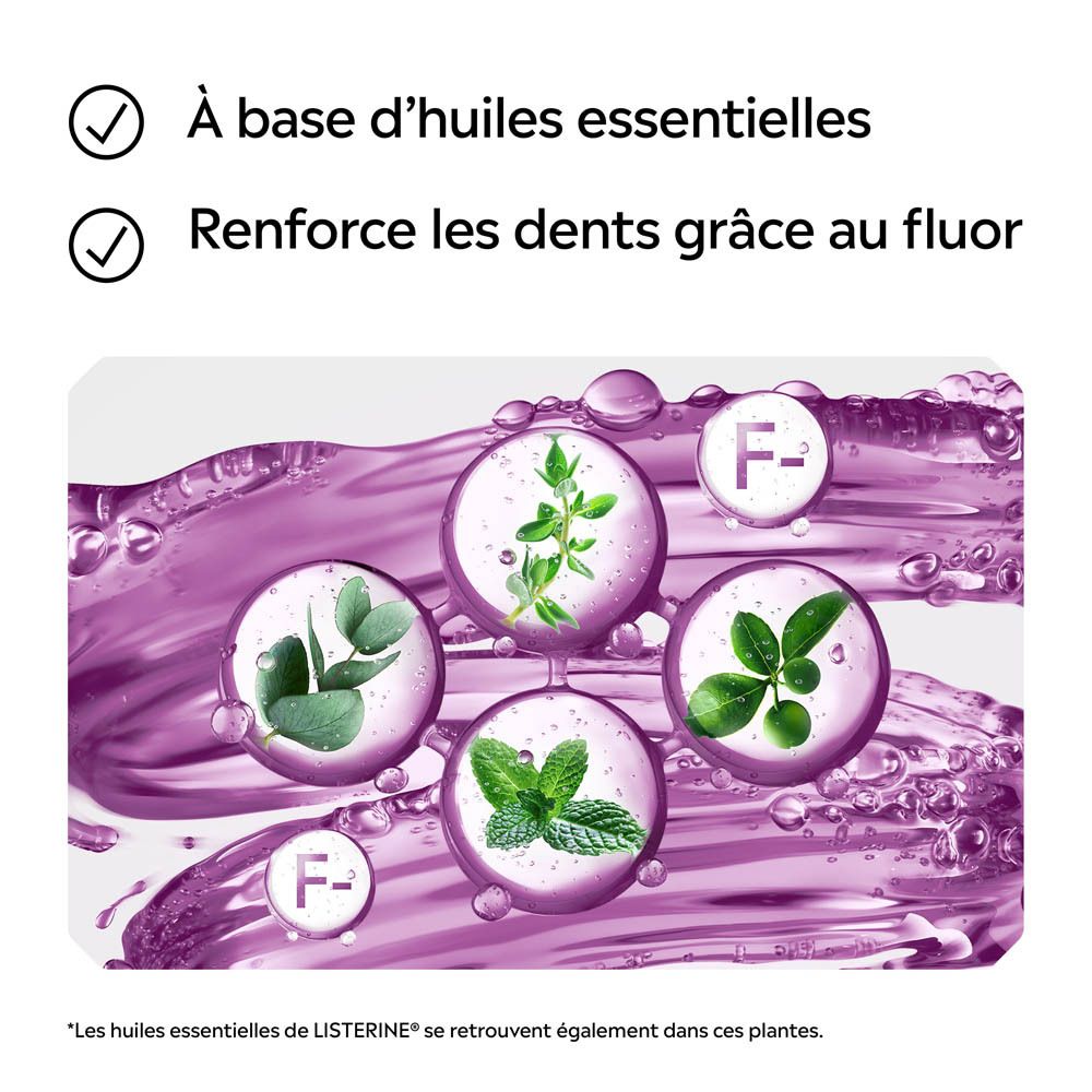 Fünf Kreise mit Kräutern und Fluorid-Symbolen auf lila Flüssigkeit.