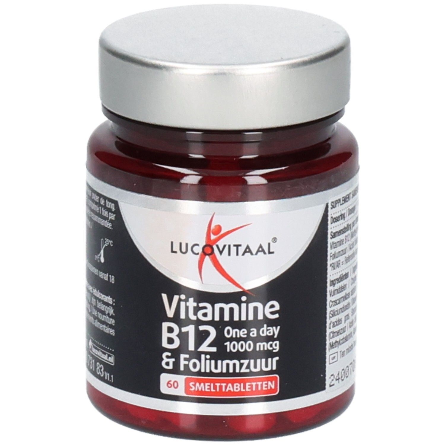 Braune Glasflasche mit silbernem Deckel. Etikett mit Produktnamen, Vitamin B12 und Folsäure. Enthält 60 Tabletten.