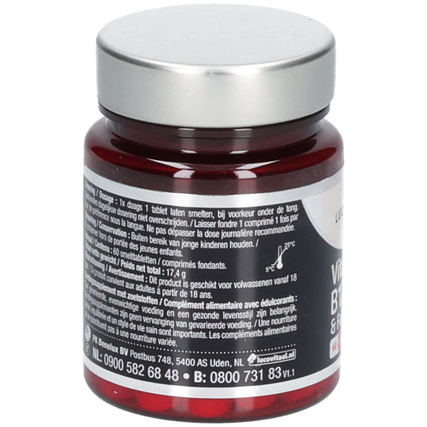 Rückseite der braunen Glasflasche mit silbernem Deckel. Textinformationen auf dem Etikett. Enthält 60 Tabletten.