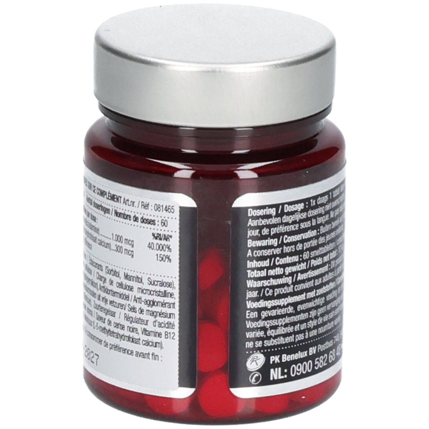 Rückseite der braunen Glasflasche mit silbernem Deckel. Etikett mit Inhaltsstoffen und Dosierung. Enthält 60 Tabletten.