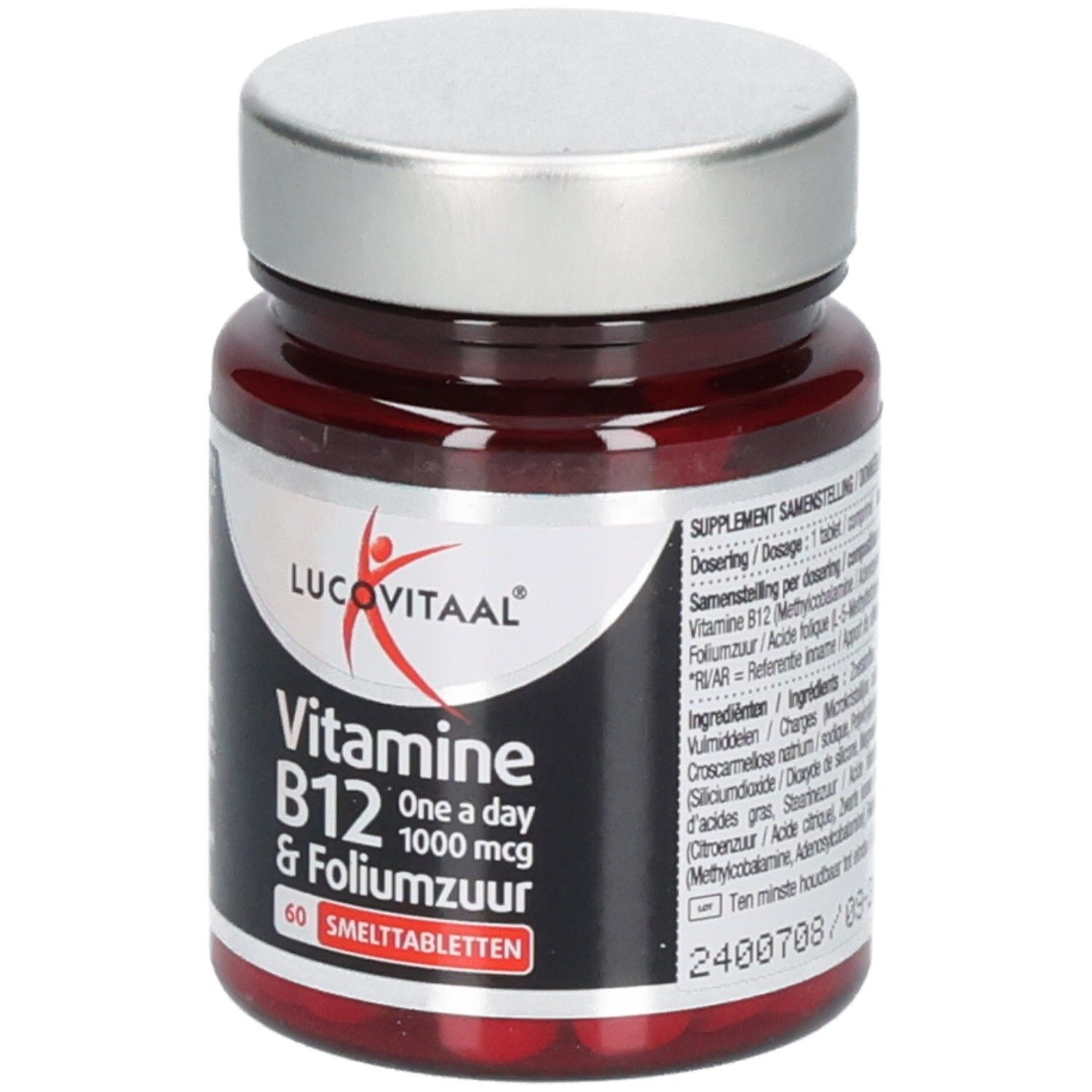 Braune Glasflasche mit silbernem Deckel. Etikett mit Produktnamen, Vitamin B12 und Folsäure. Enthält 60 Tabletten.