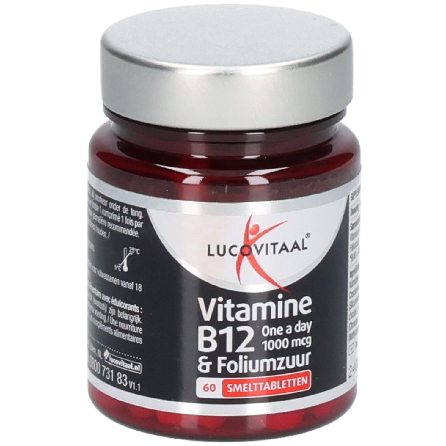 Braune Glasflasche mit silbernem Deckel. Etikett mit Produktnamen, Vitamin B12 und Folsäure. Enthält 60 Tabletten.