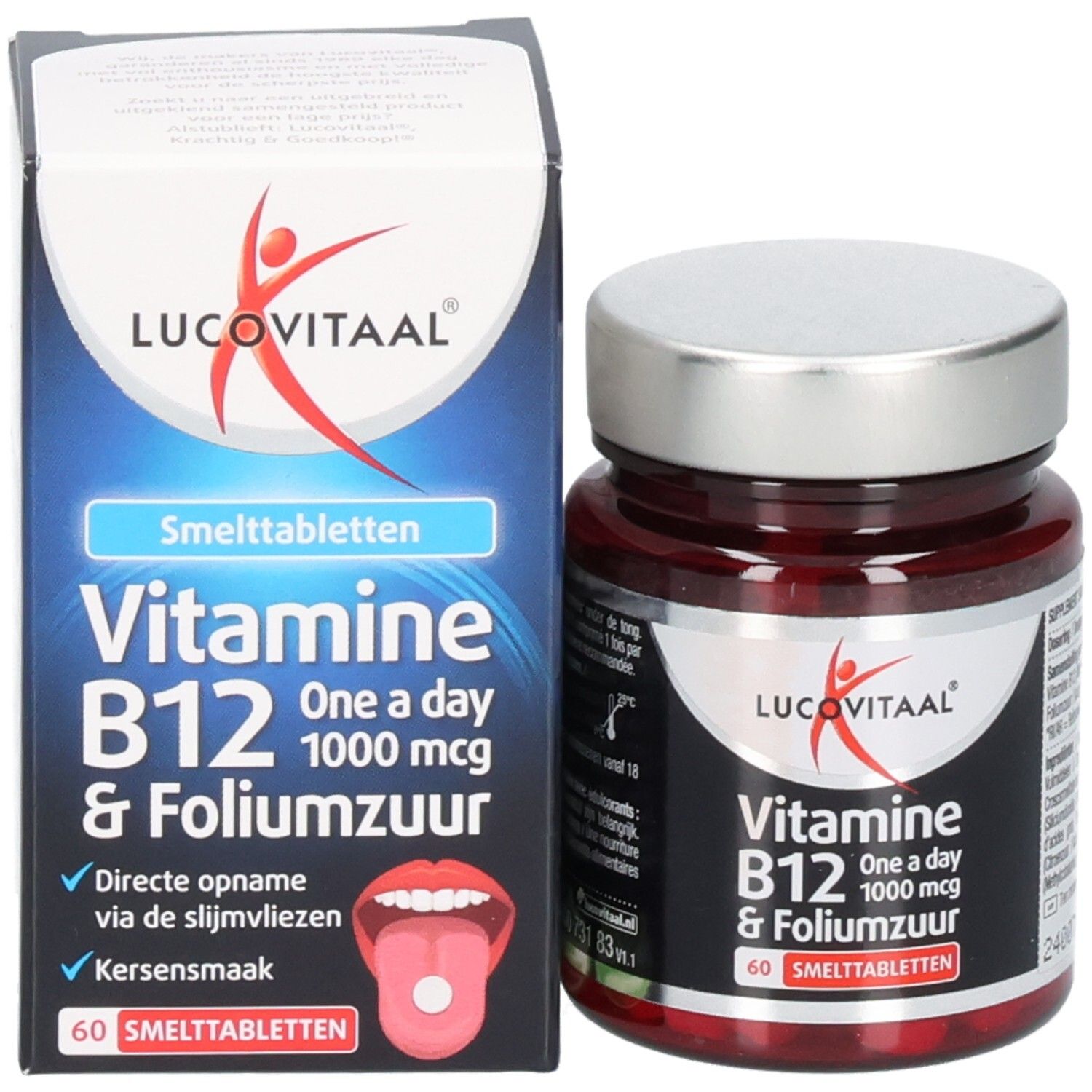 Produktverpackung mit Flasche und Schachtel. Schachtel mit Produktnamen, Vitamin B12 und Folsäure. 60 Tabletten.