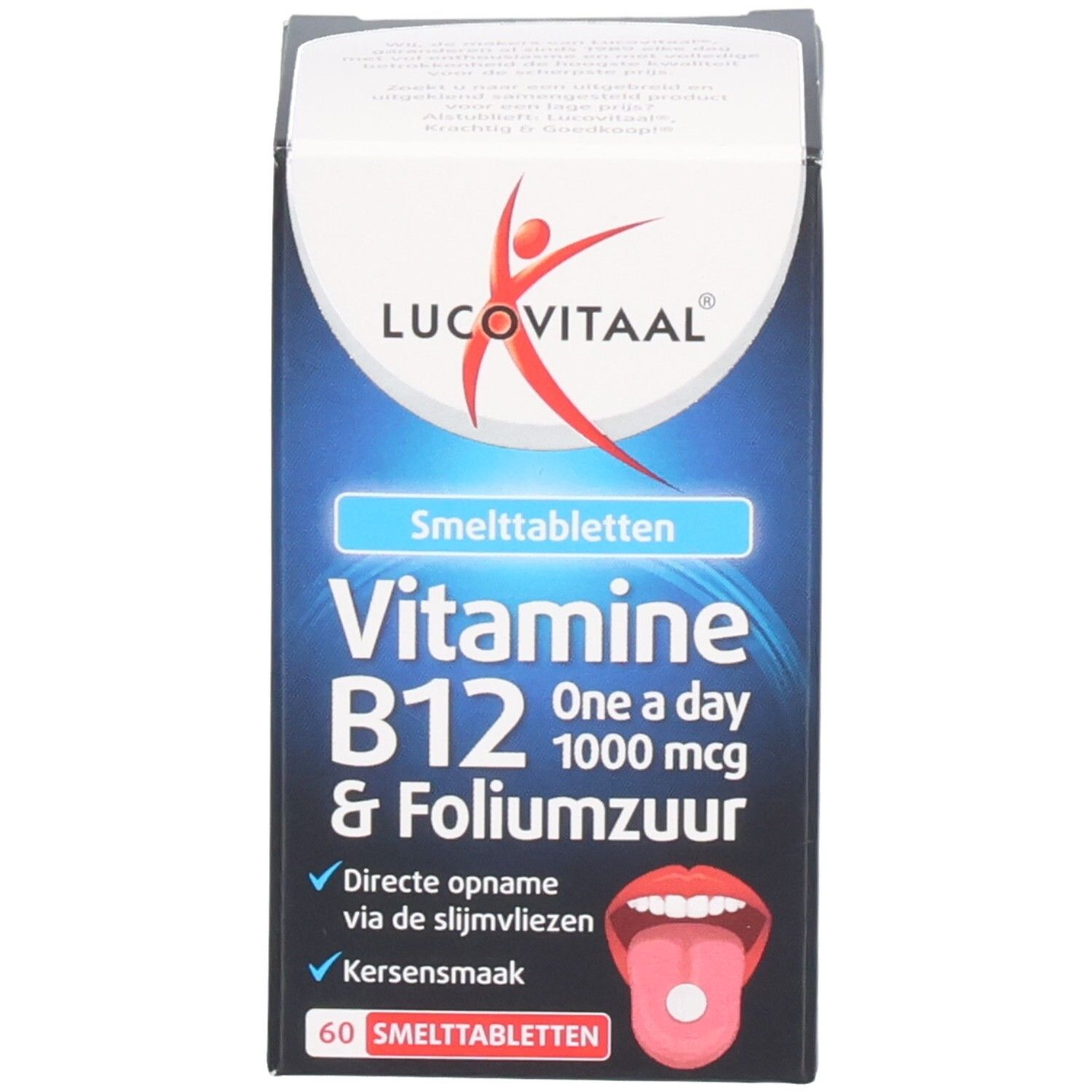Produktverpackung mit Schachtel. Schachtel mit Produktnamen, Vitamin B12 und Folsäure. 60 Tabletten. Zunge mit Tablette.