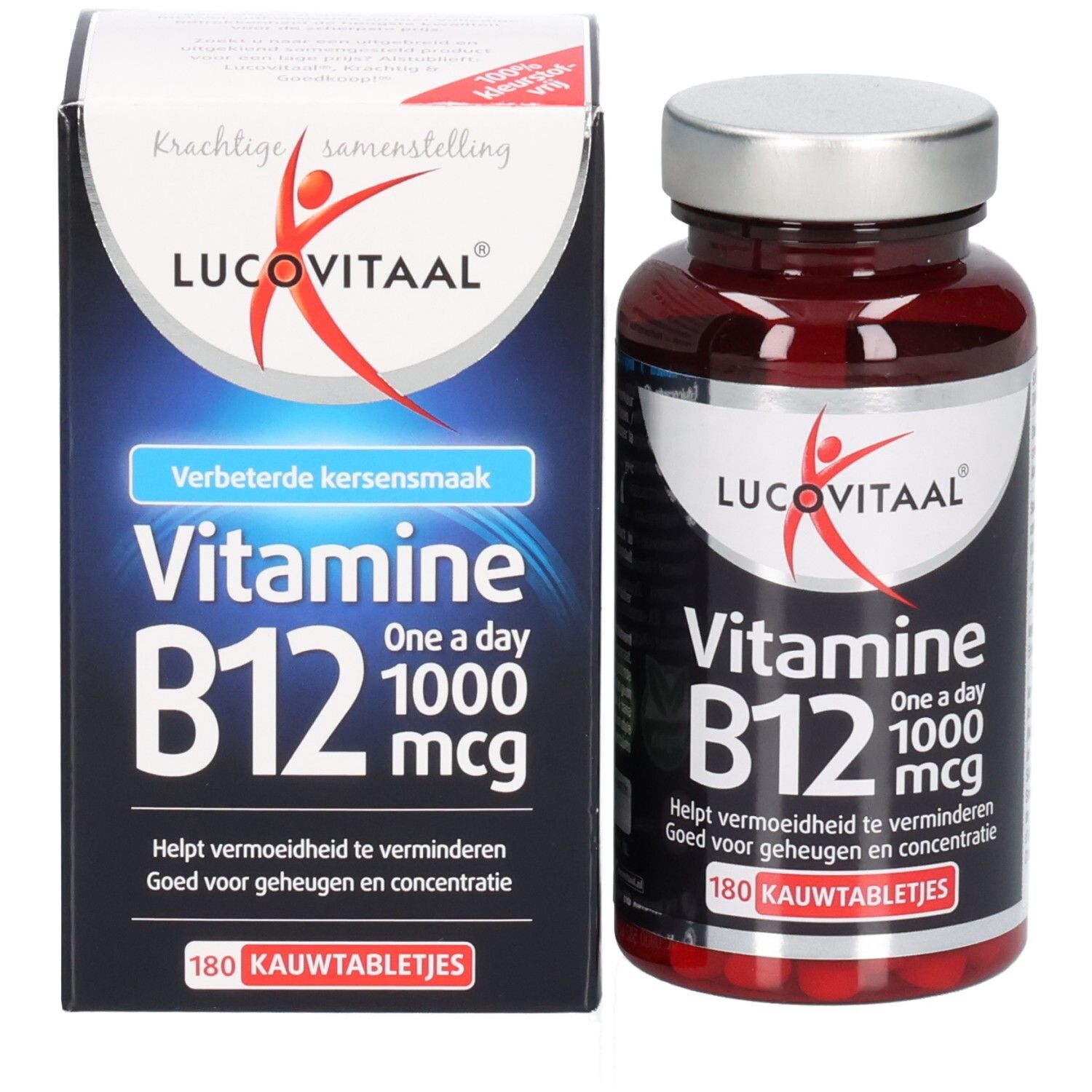 Emballage et flacon de comprimés. Inscription: Vitamine B12 1000 mcg. 180 comprimés à croquer. Marque: Lucovitaal.