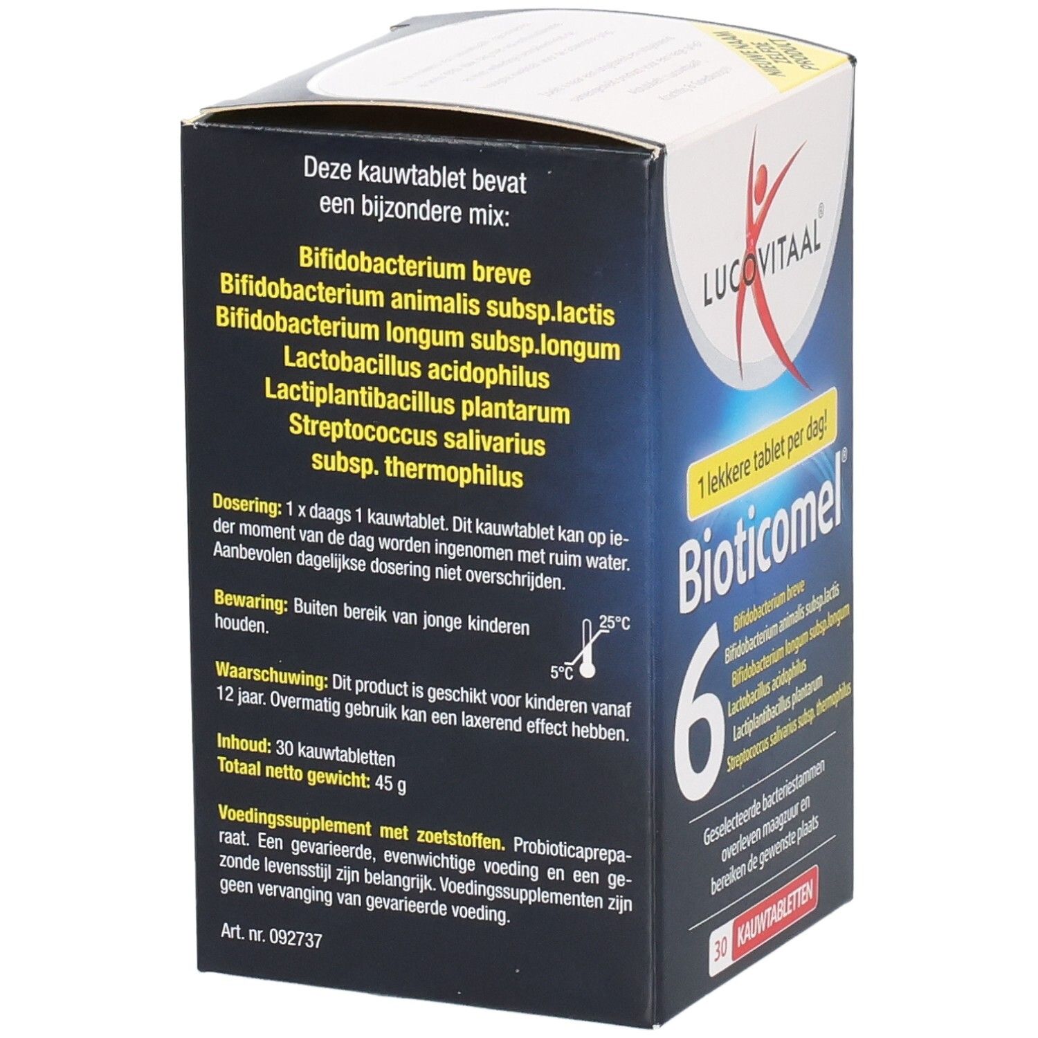 Dos de la boîte BioticoMel. Contient des informations sur les ingrédients et le dosage. Fond noir.