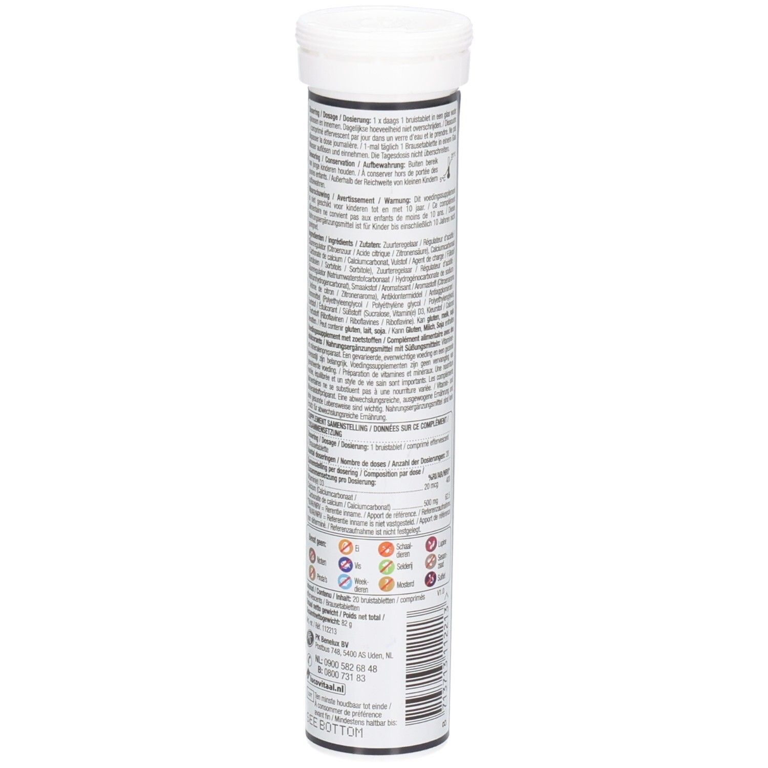 Dos du tube cylindrique de comprimés effervescents Calcium + D3. Texte et symboles. Marque Lucovitaal. Emballage bleu et blanc.