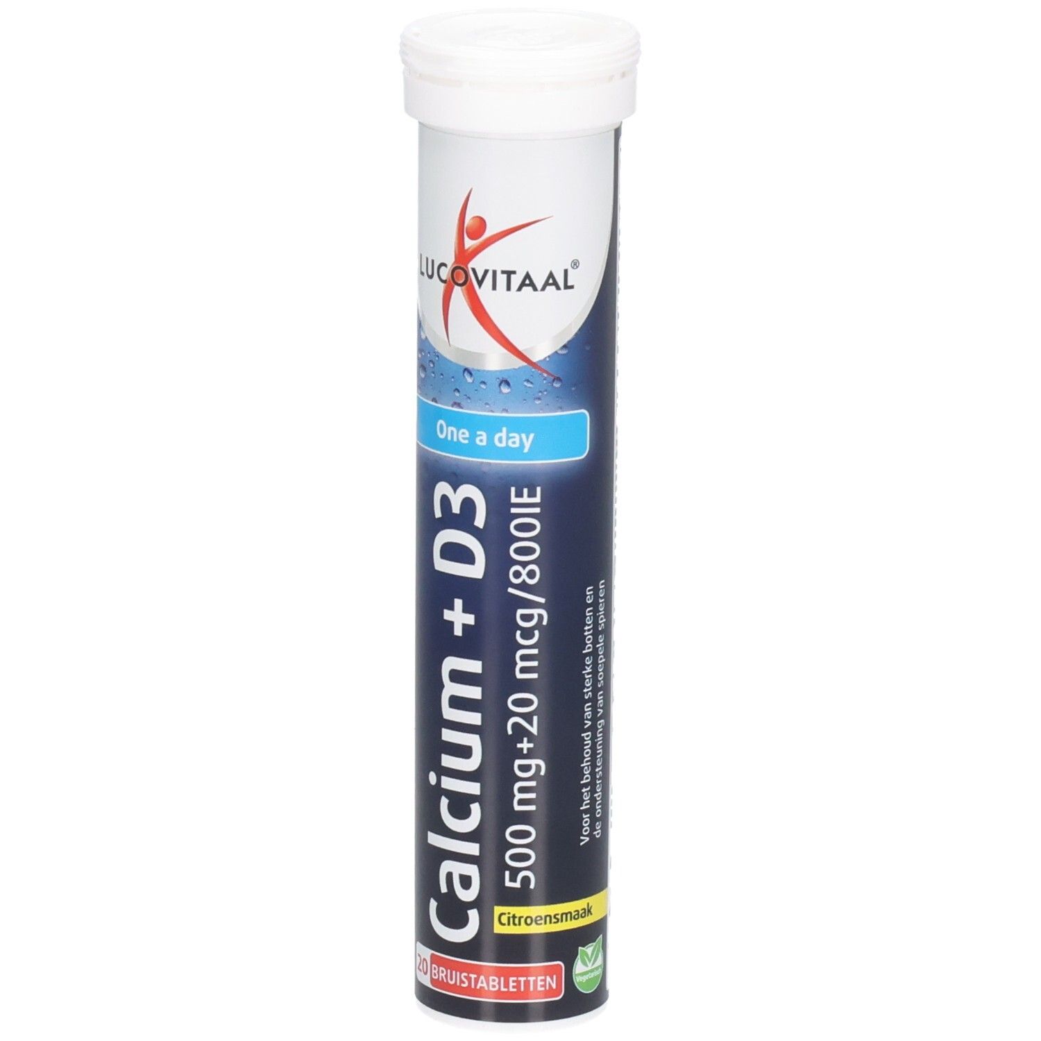 Tube cylindrique de comprimés effervescents Calcium + D3. Marque Lucovitaal. Contient 20 comprimés. Emballage bleu et blanc.