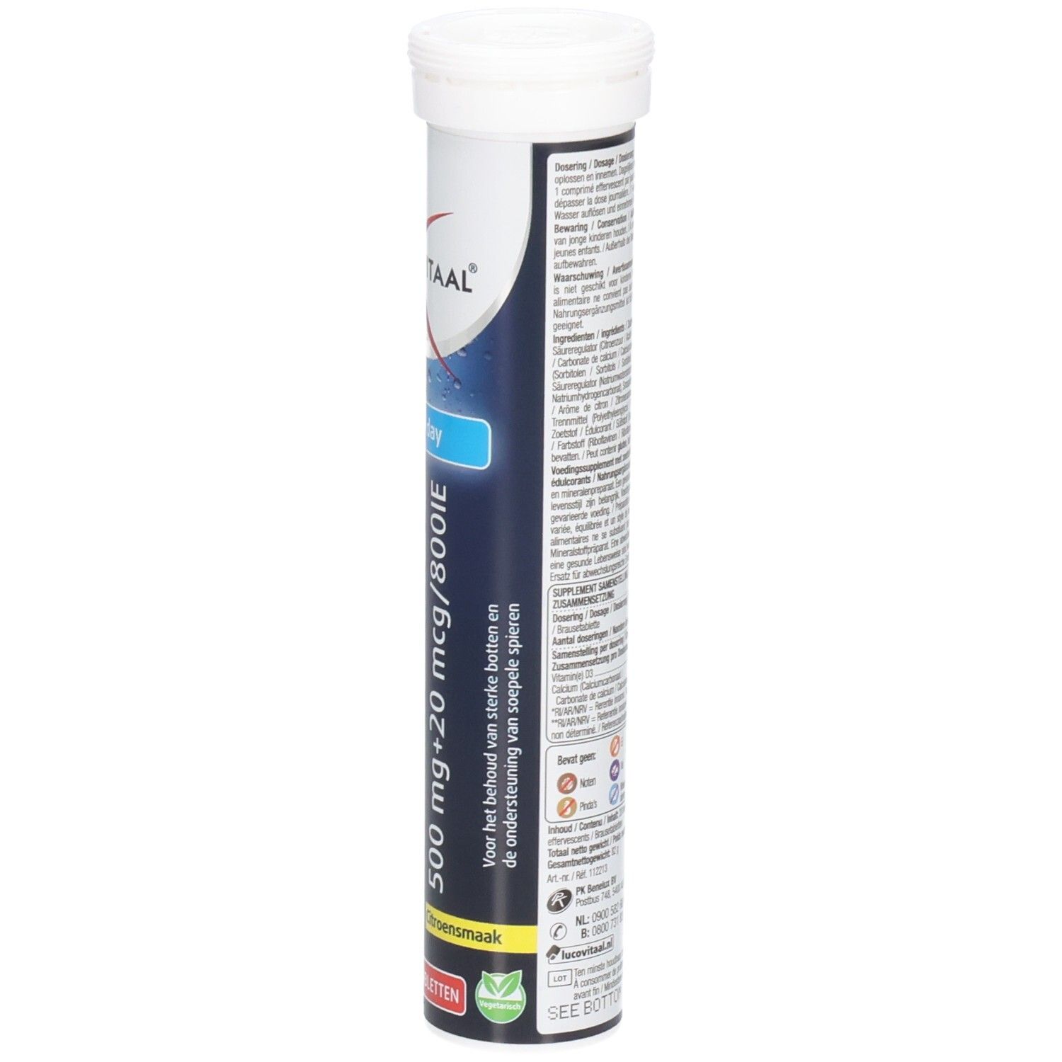 Tube cylindrique de comprimés effervescents Calcium + D3. Dos avec texte. Marque Lucovitaal. Emballage bleu et blanc.
