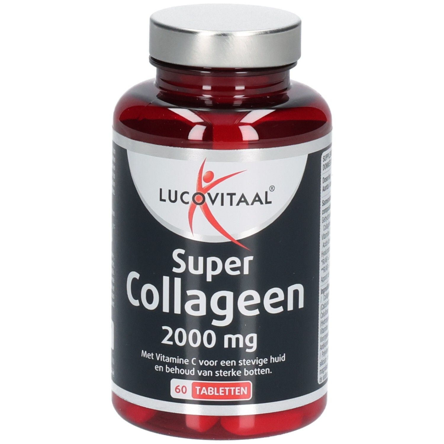 Rote Tablettenflasche mit silbernem Deckel. Aufschrift: Lucovitaal Super Collageen 2000 mg. 60 Tabletten.