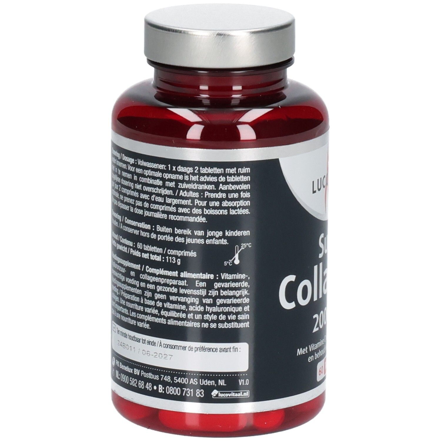 Rote Tablettenflasche mit silbernem Deckel. Rückseite mit Text. Aufschrift: Lucovitaal Super Collageen 2000 mg. 60 Tabletten.