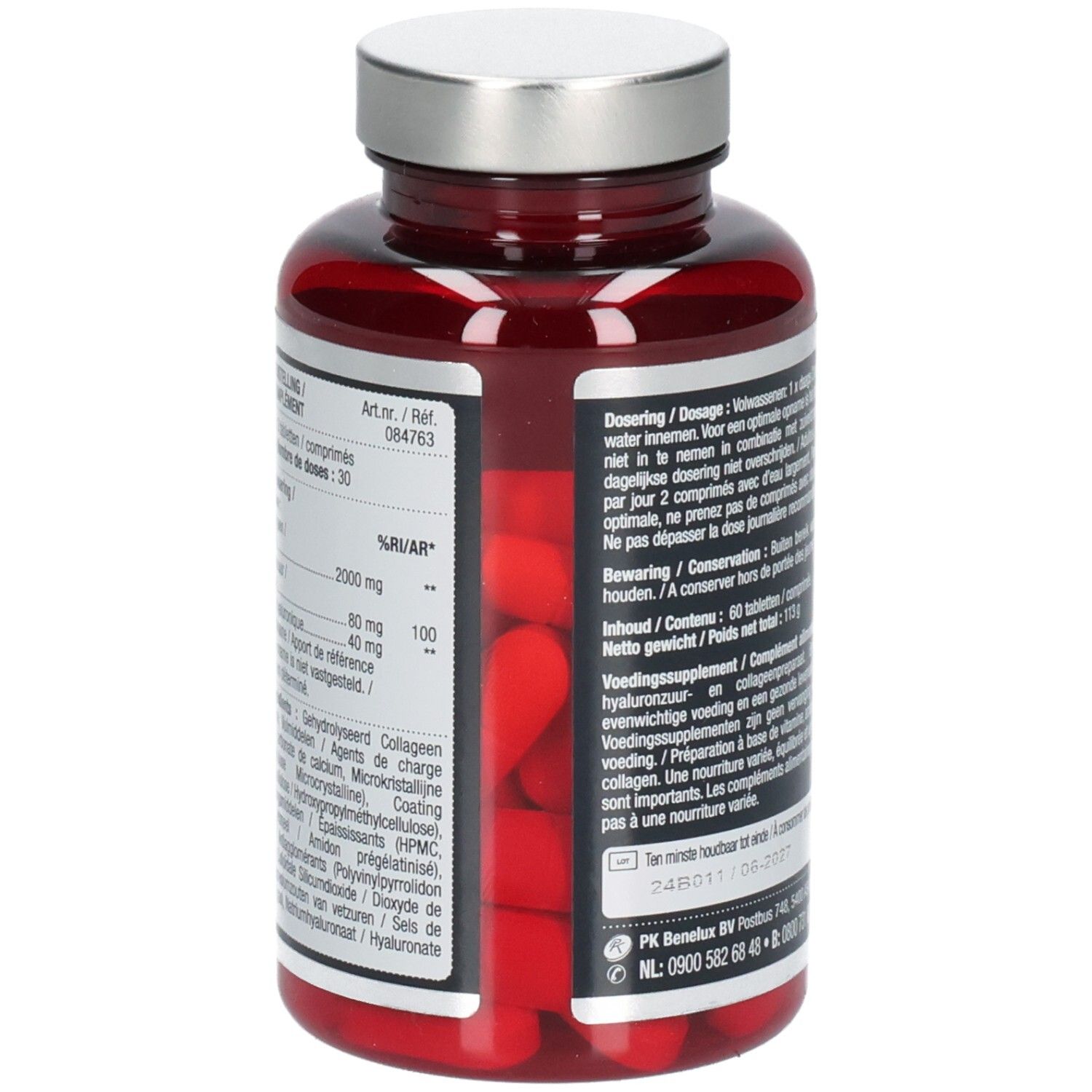 Rote Tablettenflasche mit silbernem Deckel. Rückseite mit Text und Inhaltsangaben. 60 Tabletten.